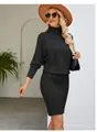 Elegant black turtleneck knitted midi dress with ribbed details and slim fit style - S / Black