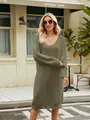 Cozy olive green loose-fit cable-knit sweater dress for fall and winter seasons. - S / Tops / Green