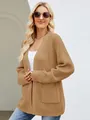 Women's oversized waffle knit cardigan in khaki, retro mid-length open front sweater - S / Tops / Brown