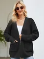 Elegant women's black waffle knit long cardigan open front sweater coat with pockets - XL / Tops / Black