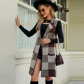 Long plaid sleeveless knit cardigan vest with lapel collar and pockets for women - S / Tops / Brown