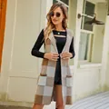 Long plaid sleeveless knit cardigan vest in brown and beige check - S / Tops / Gray