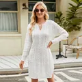Elegant white cable knit mid-length sweater dress with side slit for women - S / Tops / White