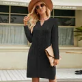 Elegant black cable knit mid-length sweater dress with split hem for stylish women - S / Tops / Black