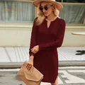 Elegant burgundy cable knit sweater dress featuring side slits and V-neck for autumn - S / Tops / Burgundy