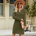 Stylish olive green cable-knit mini sweater dress featuring an elegant notched v-neckline - S / Tops / Army Green