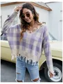Oversized πλεκτό πουλόβερ με καρό σχέδιο, λαιμόκοψη V και λεπτομέρειες με κρόσσια - Μοβ (A725)