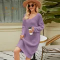 Loose fit purple long sleeve knit sweater dress with V-neck for a cozy autumn style - Purple