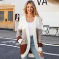 Γυναικεία πλεκτή ζακέτα με κουκούλα και χρωματικούς συνδυασμούς λευκό μπεζ και καφέ χειμώνα - Μικτό Λευκό