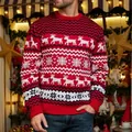 Festive red Christmas knit sweater featuring white reindeer and snowflake patterns - S / Tops / Red (Men)