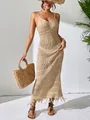Full-length view of beige hollow-out crochet knit maxi dress with tassel hem detail - S / Top And Bottom / Khaki