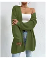 Macro detail of a loose army green mid-length chunky knit cardigan with hollow sleeve design - S / Tops / Green