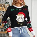 Women's black cropped Christmas sweater featuring a cute sequined cat embroidery design - S / Tops / Black