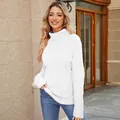 Elegant women's white turtleneck cable-knit sweater, warm knitwear for fall winter - S / Tops / White