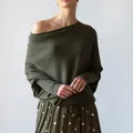 Detailed view of elegant dark olive green off-the-shoulder knit sweater for women. - S / Tops / Army Green