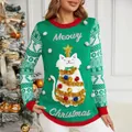 Feestelijke groene kersttrui met schattige kattenborduring en pailletten, dames - S / Tops / Groen