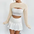 Elegant cream long sleeve cropped knit shrug bolero with distressed hem for women - S / Tops / Apricot