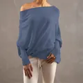Casual off-the-shoulder batwing sleeve knitted sweater in dusty blue, loose fit style - XL / Tops / Blue Gray