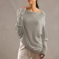Detail shot of a loose grey boat neck knitted sweater featuring stylish batwing sleeves - S / Tops / Light Gray