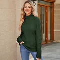 Dark green women's high collar cable knit sweater with textured pattern for fall - S / Tops / Green