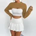 Stylish minimalist brown knitted ultra-short cropped bolero shrug sweater for women - Brown