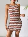 Chic hollow-out striped knit mini dress for summer featuring a slim fit bodycon silhouette - S / Rose Gold