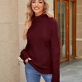 Elegant burgundy high neck cable knit sweater for women, perfect for autumn and winter seasons - Burgundy