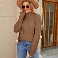 Elegant women's brown turtleneck cable-knit sweater with long sleeves for autumn - Camel