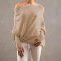 Elegant solid color off-the-shoulder knit sweater with loose batwing sleeves for women - M / Tops / Beige