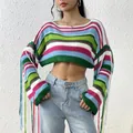 Vibrant rainbow striped cropped knit sweater with playful sleeve fringes and a relaxed fit. - S / Tops / Blue Green Striped