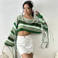 Stylish green striped cropped knit sweater with long fringe tassels on sleeves. - S / Tops / Green Stripes