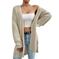 Cardigan lungo in maglia beige da donna, maglione aperto casual autunno inverno - Albicocca
