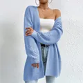 Elegant light blue oversized chunky knit cardigan mid-length open front sweater for women - S / Tops / Blue