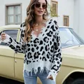 Stylish leopard print V-neck pullover sweater with unique distressed fringe hem detail - L / Tops / White (A721)