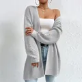 Elegant light gray oversized long sleeve knitted cardigan with textured patterns - S / Tops / Gray