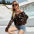 Trendy women's V-neck leopard print sweater with distressed hem and loose relaxed fit - S / Tops / Dark Coffee (A721)