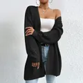 Women's loose mid-length black knit cardigan sweater for autumn and winter wear - S / Tops / Black
