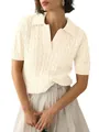 Elegant women's cream short-sleeved polo sweater featuring a classic cable knit design - Off White