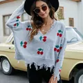 Stylish gray V-neck knit sweater with cherry patterns and distressed fringe hem detail - S / Tops / Grey (A722)