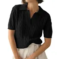Women's black short-sleeve polo collar cable knit sweater in elegant casual style - Black