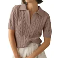 Elegant mauve polo collar short sleeve cable knit sweater for women, casual summer top - S / Tops / Camel