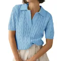 Classic light blue short sleeve polo neck cable knit sweater for women casual style - Light Blue