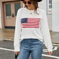 Cozy white crewneck knit sweater with American flag design for women's casual wear - S / Tops / White