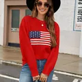 Women's red crew neck sweater featuring a knitted American flag design for casual wear - S / Tops / Red