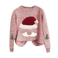 Close-up of pink Christmas knit sweater featuring a plush Santa hat embroidery detail. - S / Tops / Pink