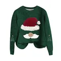 Close-up of green knitted Christmas sweater with Santa hat and tree embroidery details. - XL / Tops / Green