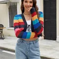 Vibrant colorful striped knit cardigan featuring a hollow-out design and chic front tie detail - S / Tops / Rainbow Striped