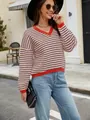 Women's stylish casual striped V-neck pullover sweater for autumn winter fashion - Brown And White Stripes