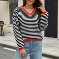 Chic women's striped V-neck knit sweater in black and white with vibrant red trim - S / Tops / Black & White Stripes