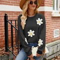 Casual black long sleeve knit sweater with 3D white crochet flower details for women - S / Tops / Black